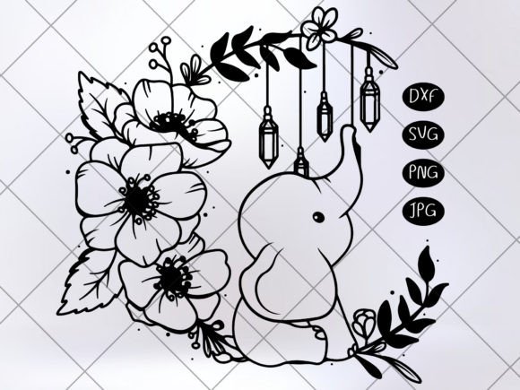 Cute Elephant on the Floral Moon Svg Graphics and Illustrations