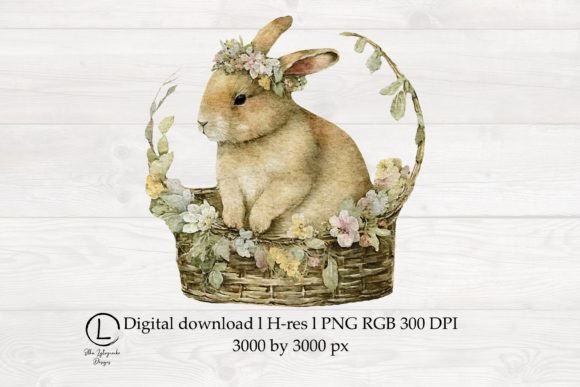 Easter Bunny in Floral Basket Watercolor Graphics
