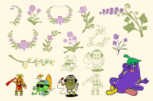 Floral and Fruit Illustration Vector Set for Graphics