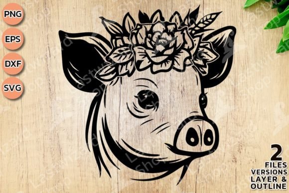 Pig with Flower Crown Svg, Spring Floral Graphics and Illustrations
