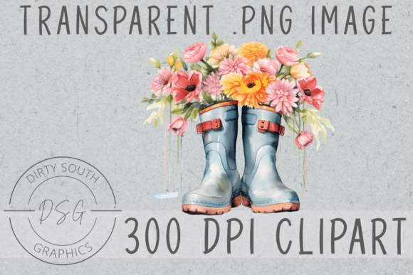 Watercolor Floral Rainboots Graphics and Illustrations