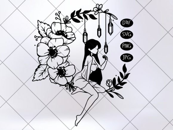 Woman Sit on the Floral Moon Svg Graphics and Illustrations Review